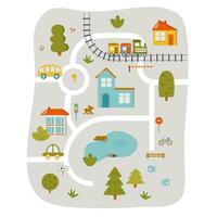 Cute town map for kids room. Landscape with lot details. Play mat for children activity. Vector illustration