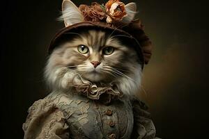 AI generated Portrait of a gray cat in a Victorian era costume. Generated by artificial intelligence photo