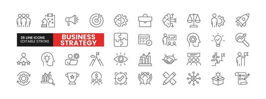 Set of 36 Business Strategy line icons set. Business Strategy outline icons with editable stroke collection. Includes Team, Brainstorming, Teamwork, Vision, Growth, and More. vector