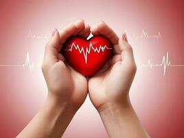 ai generado San Valentín día concepto 3d rojo corazón con cardiograma y mano de cerca foto