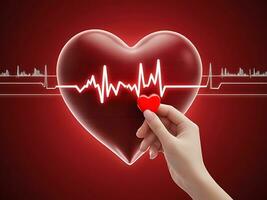 AI generated Valentine's Day Concept 3D Red Heart with Cardiogram and Hand Close-Up photo