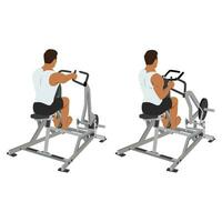 Man doing seated lever machine one arm row exercise. vector