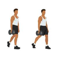 Man doing single or one arm dumbbell farmers walk or suitcase carry exercise. vector