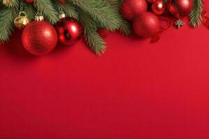 AI generated Red background. Merry Christmas and New Year banner with Copy space. Pro Photo