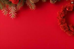 AI generated Red background. Merry Christmas and New Year banner with Copy space. Pro Photo