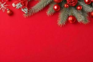 AI generated Red background. Merry Christmas and New Year banner with Copy space. Pro Photo