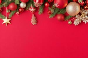 AI generated Red background. Merry Christmas and New Year banner with Copy space. Pro Photo