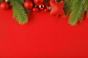 AI generated Red background. Merry Christmas and New Year banner with Copy space. Pro Photo