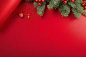 AI generated Red background. Merry Christmas and New Year banner with Copy space. Pro Photo