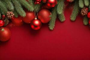 AI generated Red background. Merry Christmas and New Year banner with Copy space. Pro Photo