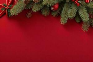 AI generated Red background. Merry Christmas and New Year banner with Copy space. Pro Photo