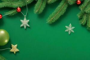 AI generated Green background. Merry Christmas and New Year banner with Copy space. Pro Photo