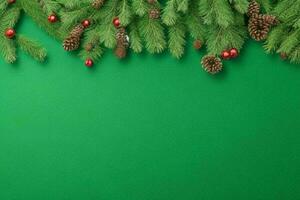 AI generated Green background. Merry Christmas and New Year banner with Copy space. Pro Photo