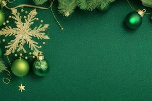 AI generated Green background. Merry Christmas and New Year banner with Copy space. Pro Photo