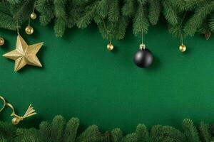 AI generated Green background. Merry Christmas and New Year banner with Copy space. Pro Photo