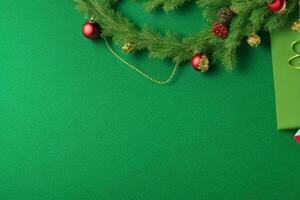 AI generated Green background. Merry Christmas and New Year banner with Copy space. Pro Photo