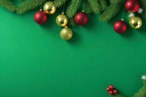 AI generated Green background. Merry Christmas and New Year banner with Copy space. Pro Photo