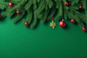 AI generated Green background. Merry Christmas and New Year banner with Copy space. Pro Photo