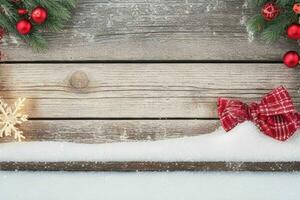 AI generated Christmas wooden background with snow.  Merry Christmas and New Year banner with Copy space. Pro Photo