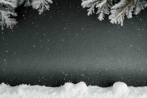 AI generated Christmas wooden background with snow.  Merry Christmas and New Year banner with Copy space. Pro Photo