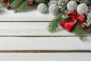 AI generated Christmas wooden background with snow.  Merry Christmas and New Year banner with Copy space. Pro Photo