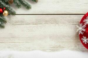 AI generated Christmas wooden background with snow.  Merry Christmas and New Year banner with Copy space. Pro Photo