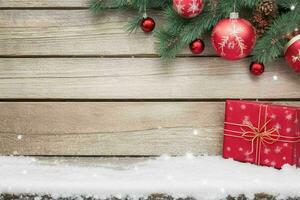 AI generated Christmas wooden background with snow.  Merry Christmas and New Year banner with Copy space. Pro Photo
