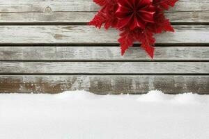 AI generated Christmas wooden background with snow.  Merry Christmas and New Year banner with Copy space. Pro Photo