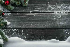 AI generated Christmas wooden background with snow.  Merry Christmas and New Year banner with Copy space. Pro Photo