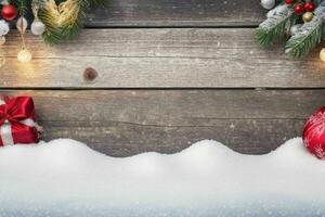 ai generado Navidad de madera antecedentes con nieve. alegre Navidad y nuevo año bandera con Copiar espacio. Pro foto