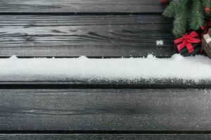 AI generated Christmas wooden background with snow.  Merry Christmas and New Year banner with Copy space. Pro Photo