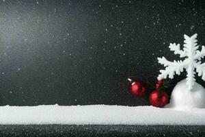 AI generated Christmas wooden background with snow.  Merry Christmas and New Year banner with Copy space. Pro Photo