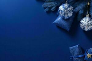 AI generated Blue background. Merry Christmas and New Year banner with Copy space. Pro Photo