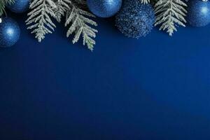 AI generated Blue background. Merry Christmas and New Year banner with Copy space. Pro Photo