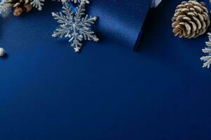 AI generated Blue background. Merry Christmas and New Year banner with Copy space. Pro Photo