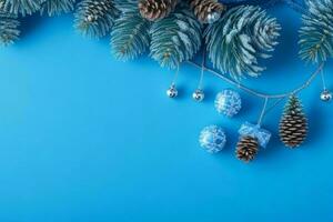 AI generated Blue background. Merry Christmas and New Year banner with Copy space. Pro Photo