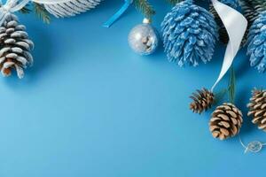 AI generated Blue background. Merry Christmas and New Year banner with Copy space. Pro Photo