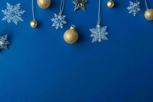 AI generated Blue background. Merry Christmas and New Year banner with Copy space. Pro Photo