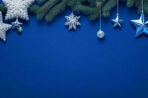 AI generated Blue background. Merry Christmas and New Year banner with Copy space. Pro Photo