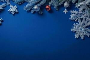 AI generated Blue background. Merry Christmas and New Year banner with Copy space. Pro Photo