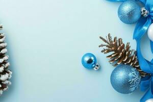 AI generated Blue background. Merry Christmas and New Year banner with Copy space. Pro Photo