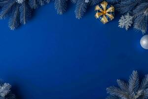 AI generated Blue background. Merry Christmas and New Year banner with Copy space. Pro Photo