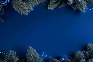 AI generated Blue background. Merry Christmas and New Year banner with Copy space. Pro Photo