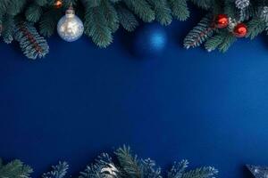 AI generated Blue background. Merry Christmas and New Year banner with Copy space. Pro Photo