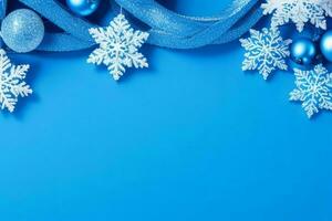 AI generated Blue background. Merry Christmas and New Year banner with Copy space. Pro Photo