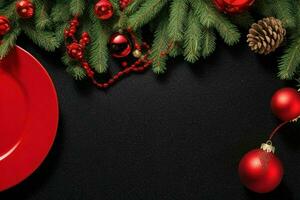 AI generated Black background. Merry Christmas and New Year banner with Copy space. Pro Photo