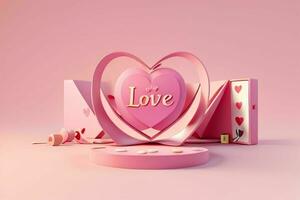 AI generated 3D rendering podium for product display mockup, Valentine's day love shape background. Pro Photo