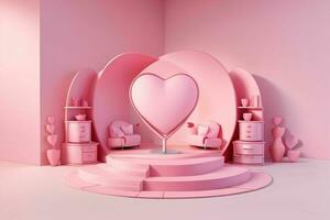 AI generated 3D rendering podium for product display mockup, Valentine's day love shape background. Pro Photo