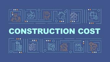 2D construction cost text with various thin line icons concept on dark blue monochromatic background, editable 2D vector illustration.