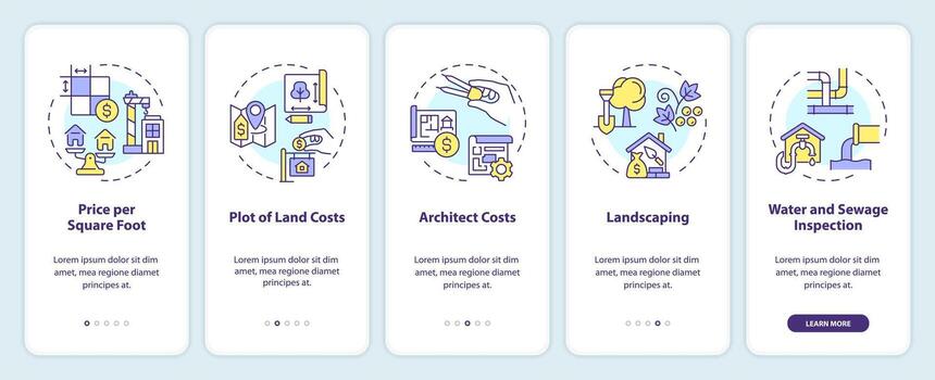 2D icons representing construction cost mobile app screen set. Walkthrough 5 steps multicolor graphic instructions with linear icons concept, UI, UX, GUI template. vector